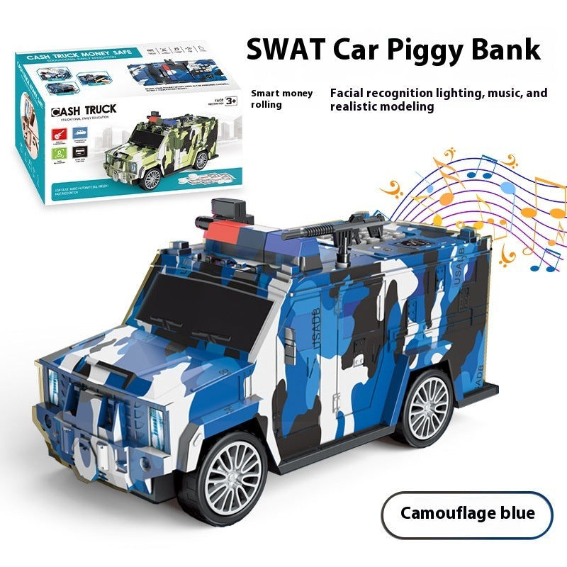 Coins and notes stored inside the face unlock piggy bank