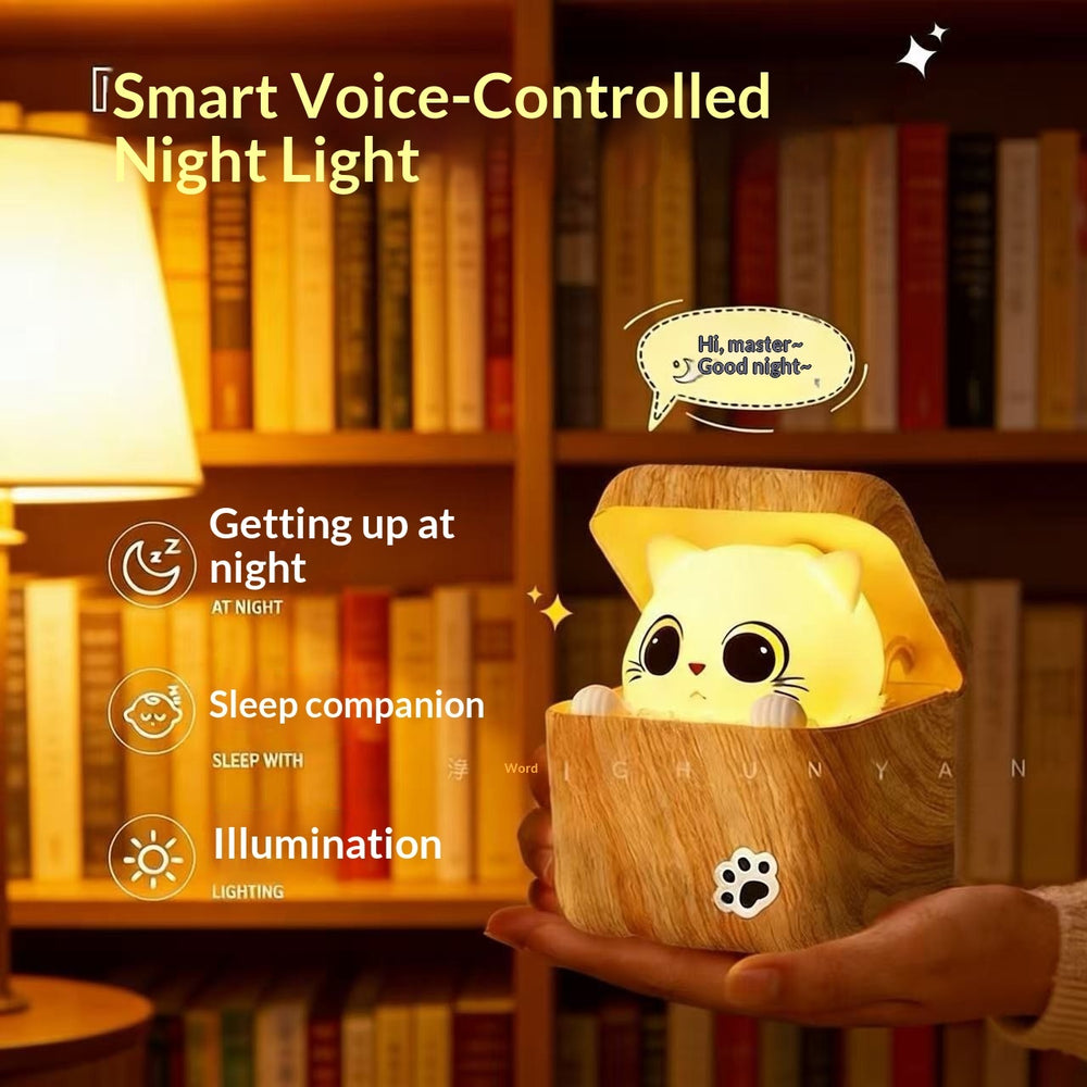 Shy cat lamp glowing softly on a bedside table