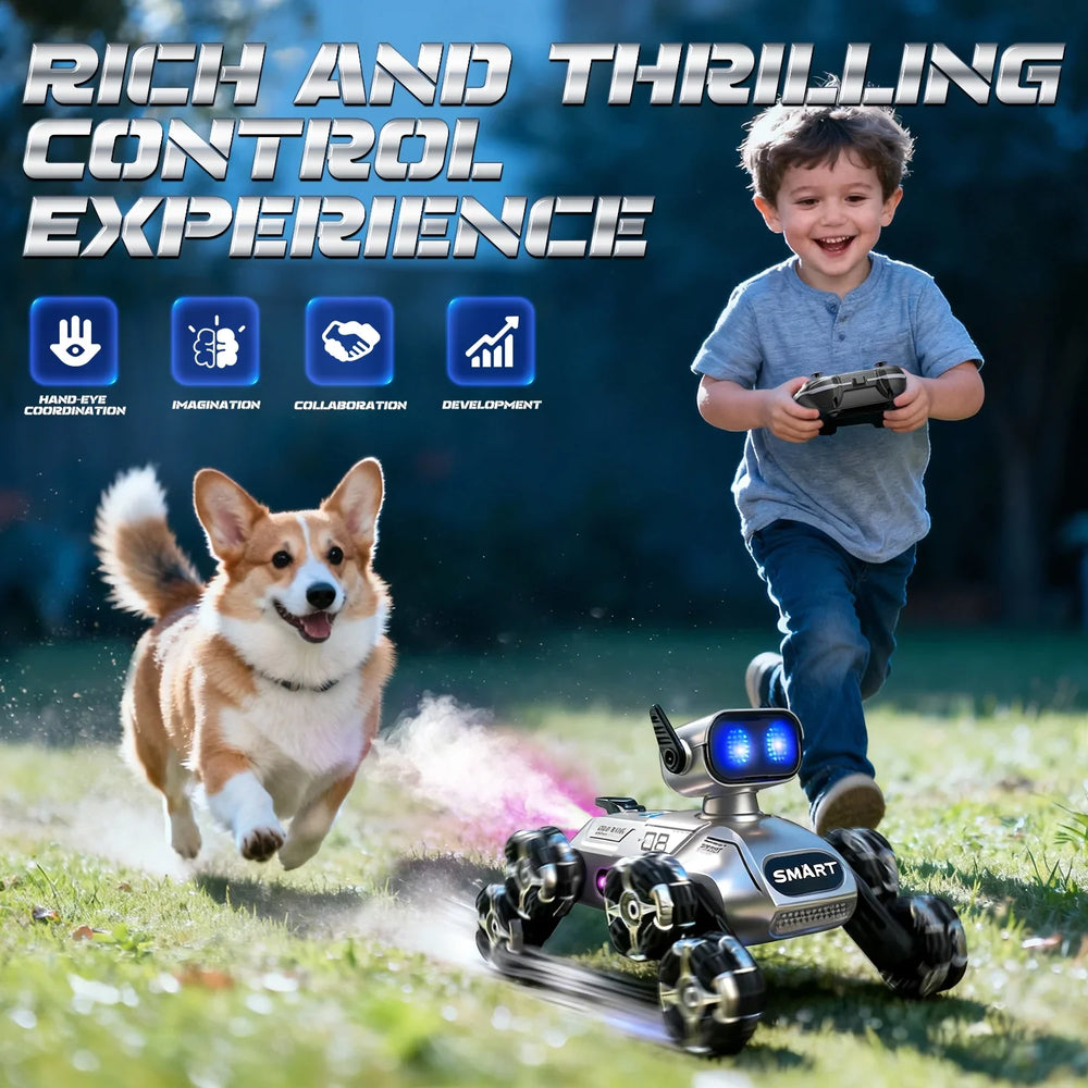 2.4GHz RC 8-Wheel Stunt Robot Dog with Smoke – Ultimate All-Terrain Action Toy – Features | Toki Toy Box