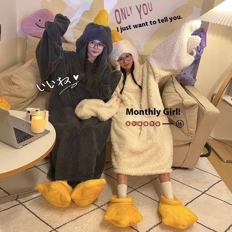 Funny goose onesie pajamas with goose feet slippers – beige