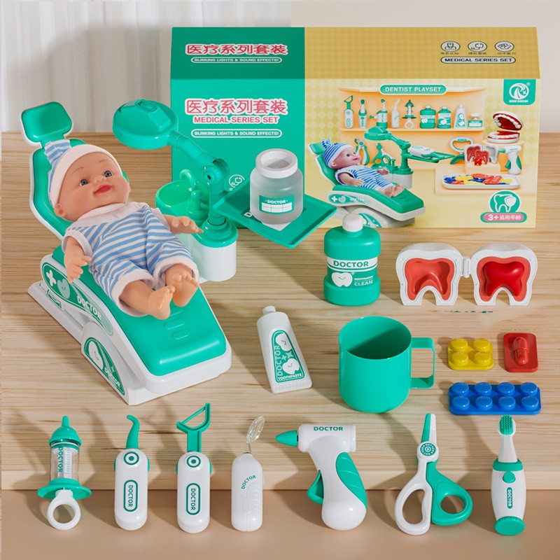 Close-up of the toy stethoscope and thermometer