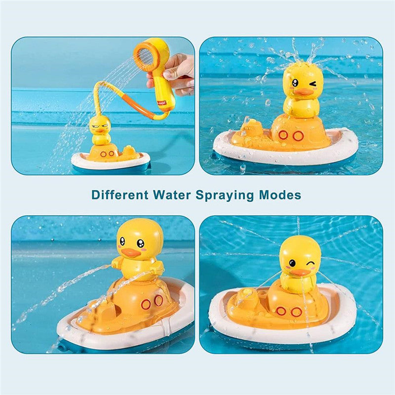 Children Playing In The Water Baby Little Yellow Duck Electric Water Jet Pirate Ship – In Use | Toki Toy Box