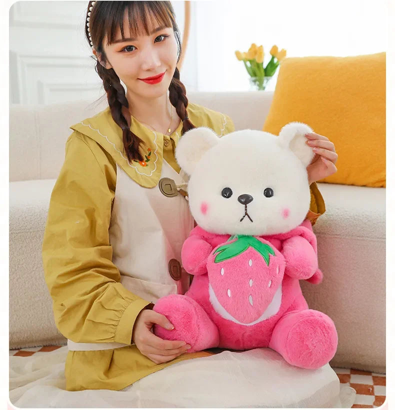 Cuddly pink strawberry bear plush - soft gift teddy