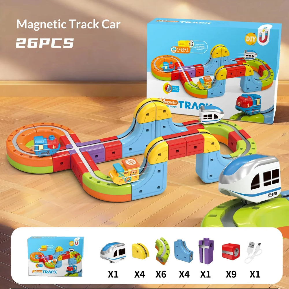 Family playing with the electric track set together