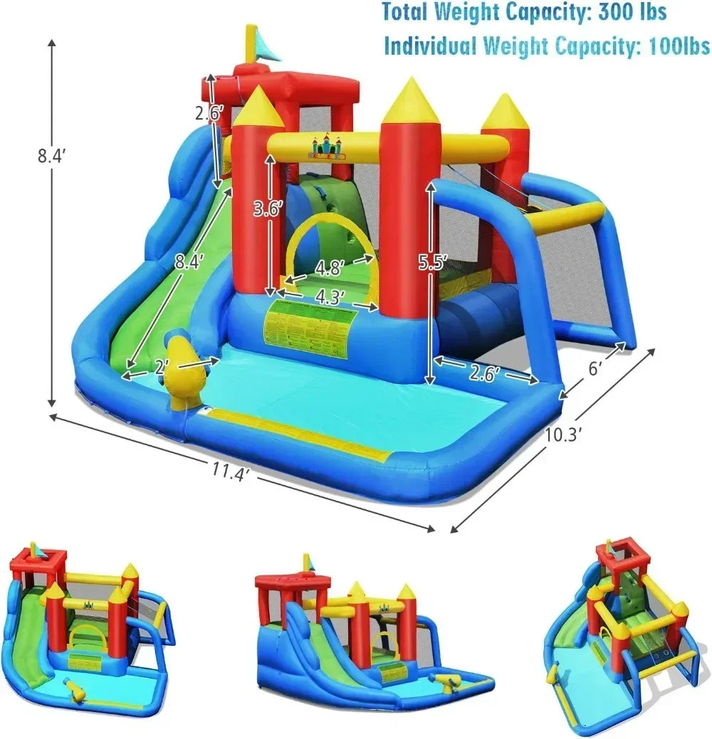 Inflatable Water Slide & Bounce House – Outdoor Fun Park with Football Goal for Kids