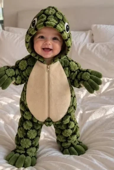 Baby wearing green monster hooded fleece romper costume