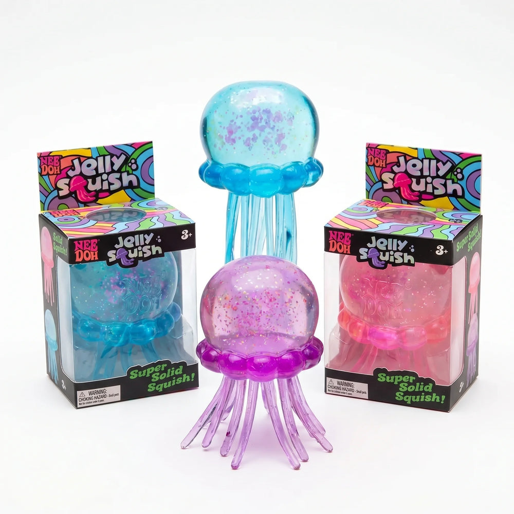 Translucent jellyfish squish ball resting in an open palm