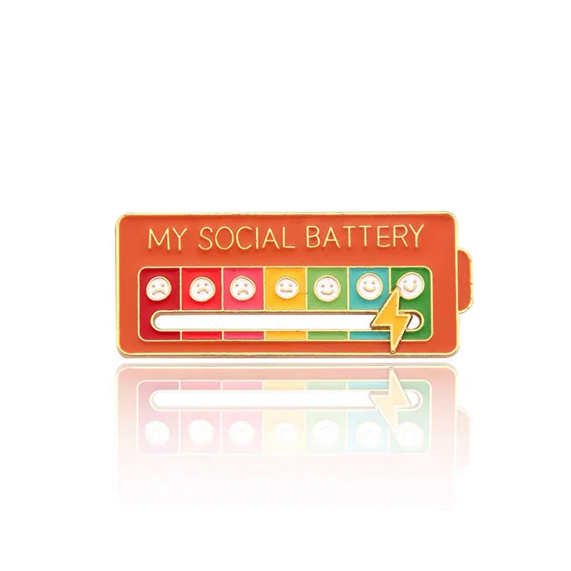 Social Battery Mood Pin – Funny Outfit Badge | Toki Toy Box – Side View | Toki Toy Box