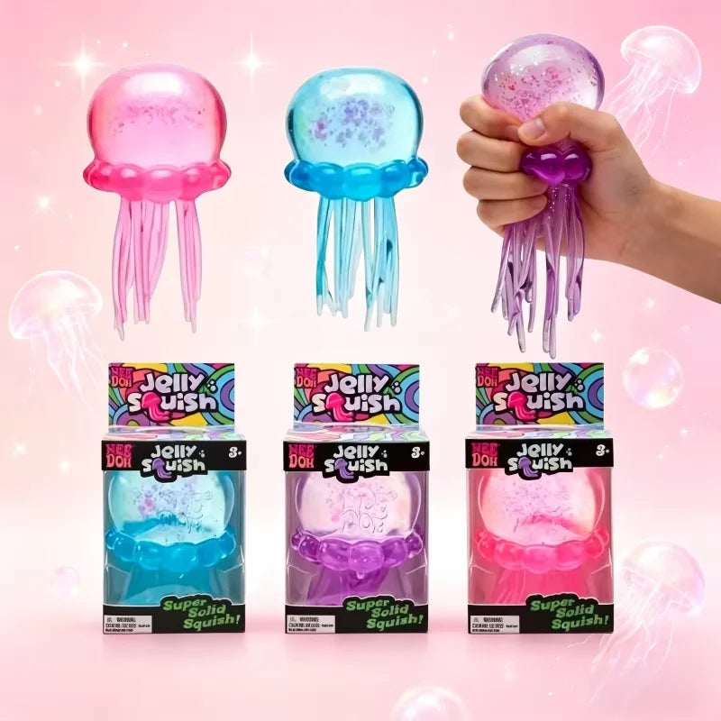Blue, pink and purple jellyfish squish balls side by side