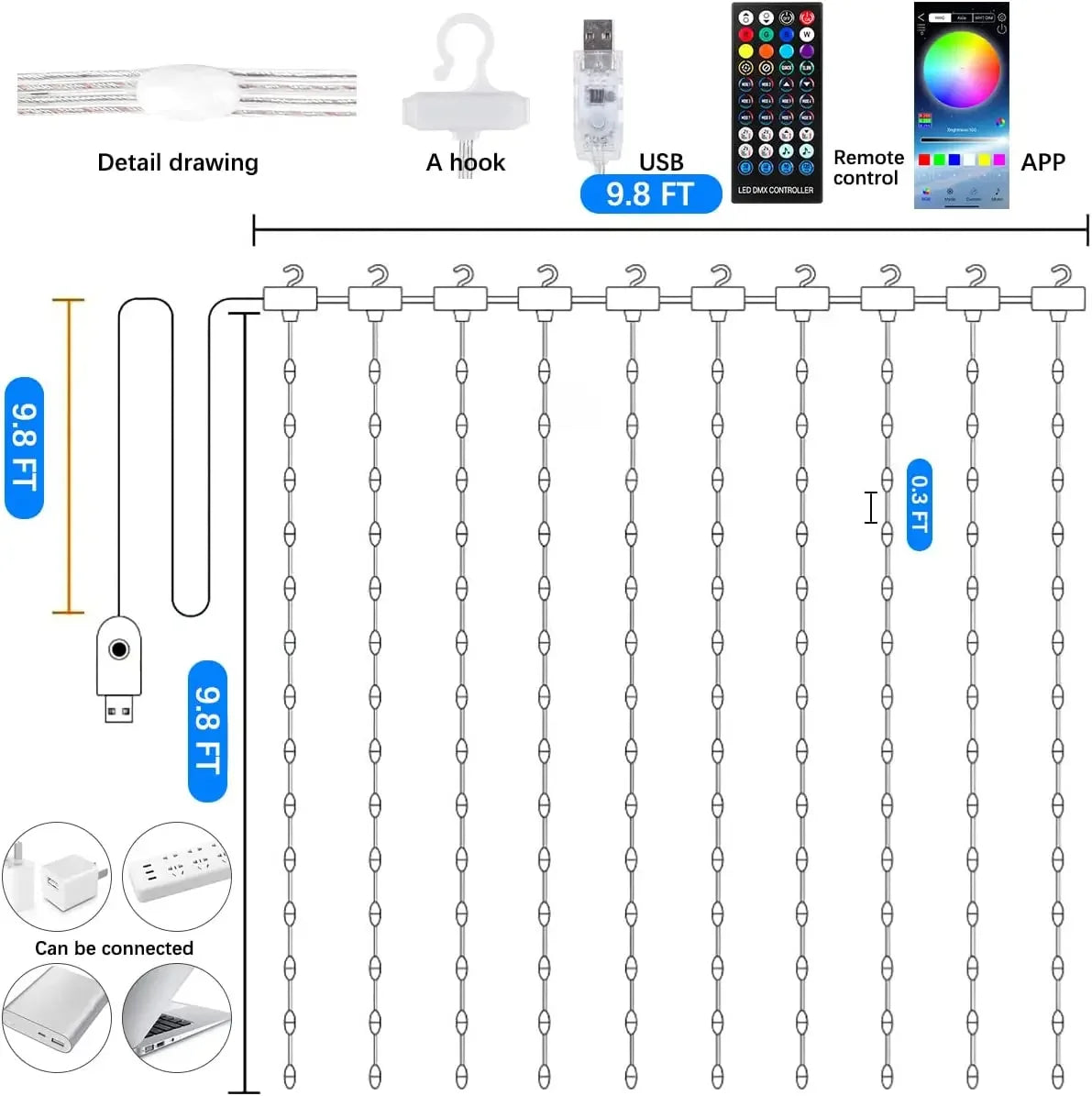 3M RGB LED Smart Curtain Lights – USB Powered with Bluetooth App Control