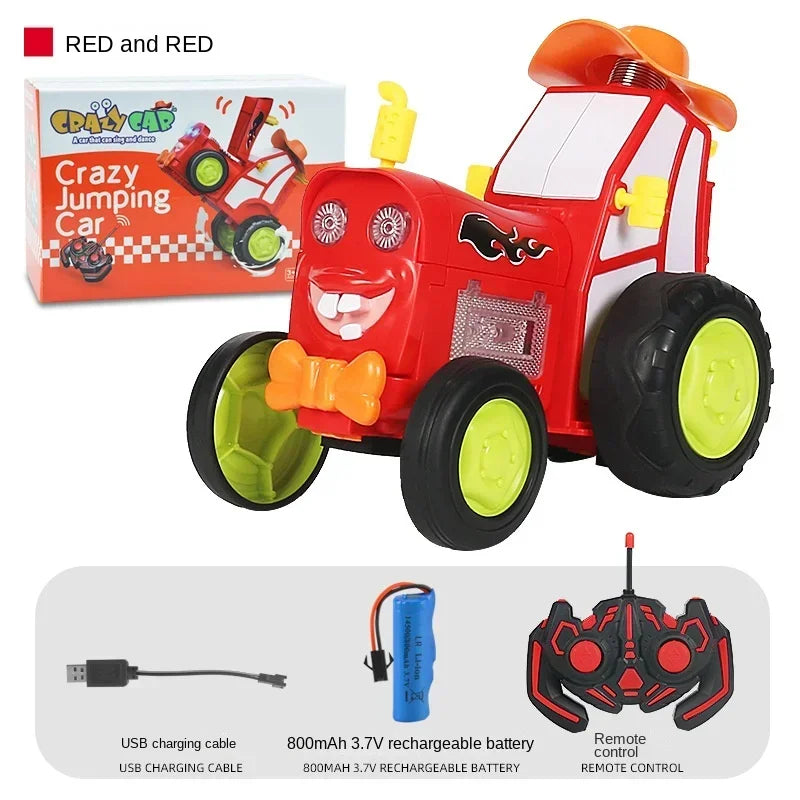 RC stunt car beside a hand for size reference