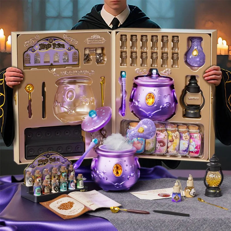 Zodiac magic potion kit with glass potion bottles and magic cauldron