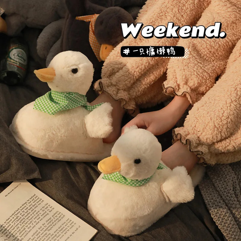 Cozy duck fuzzy slippers pair, warm winter house shoes