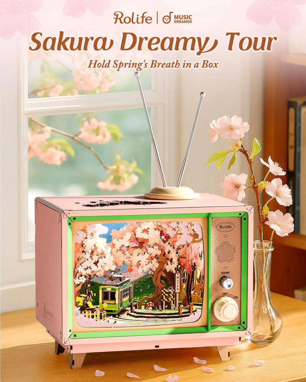 3D Wooden Music Box Puzzle – Dream Sakura Build Kit – Side View | Toki Toy Box