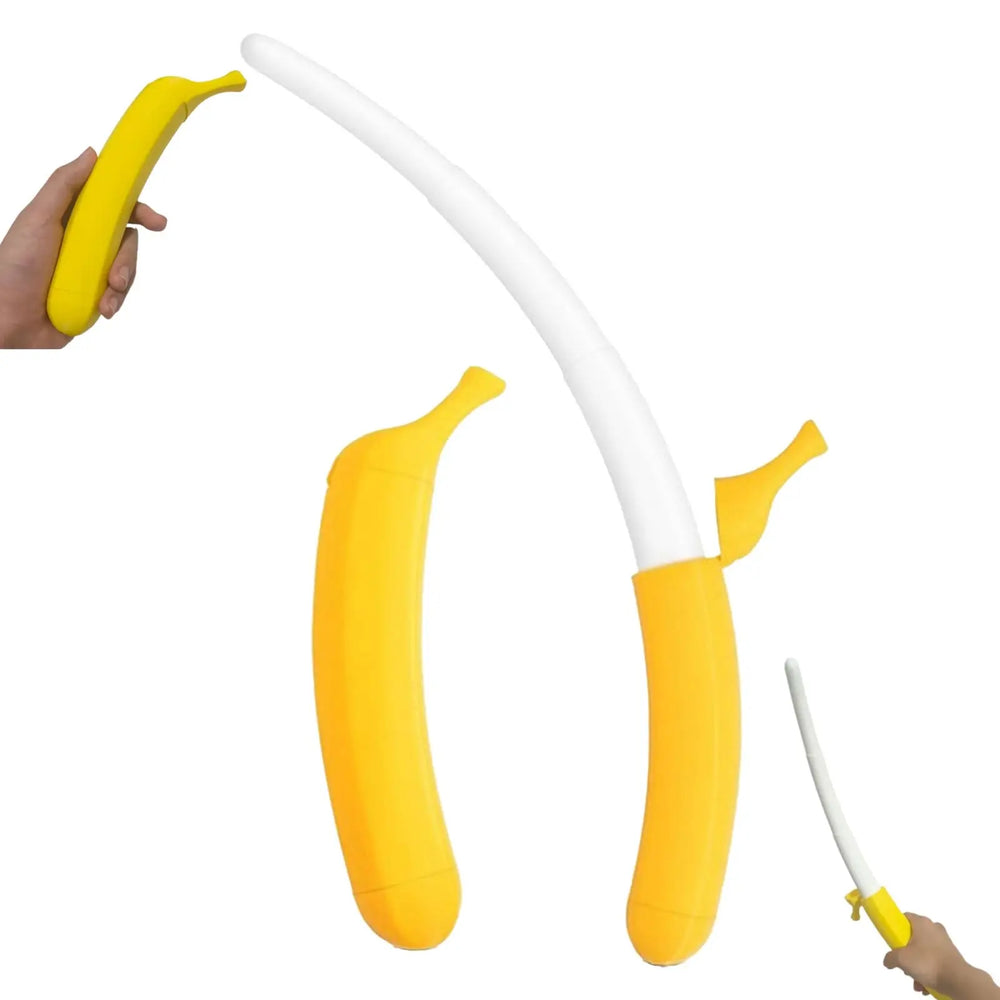 Banana sword used as a desk fidget toy retracting back into banana shape