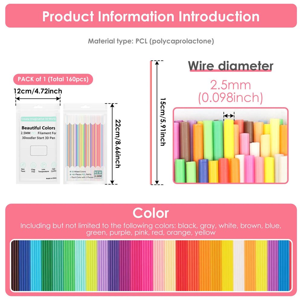 3D Pen Filament Refill Pack – 32 Vibrant Colors