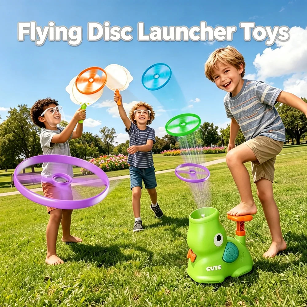Flying disc launcher set contents: launcher, 8 saucers, 2 nets, mask