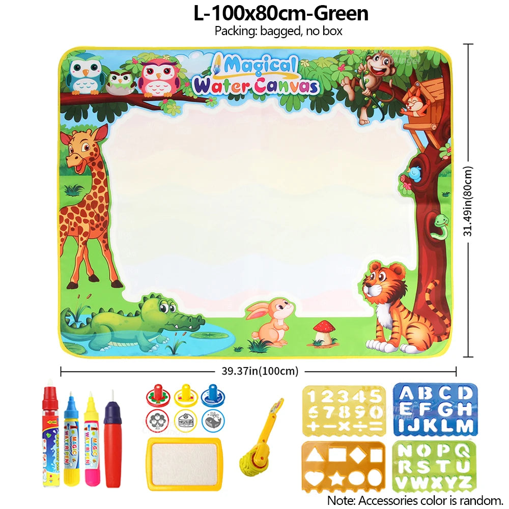Two children drawing together on the water mat