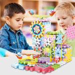 Kids Electric Gear Rail Car Building Set – STEM Motorized Construction Toy with Spinning Gears & Big Blocks