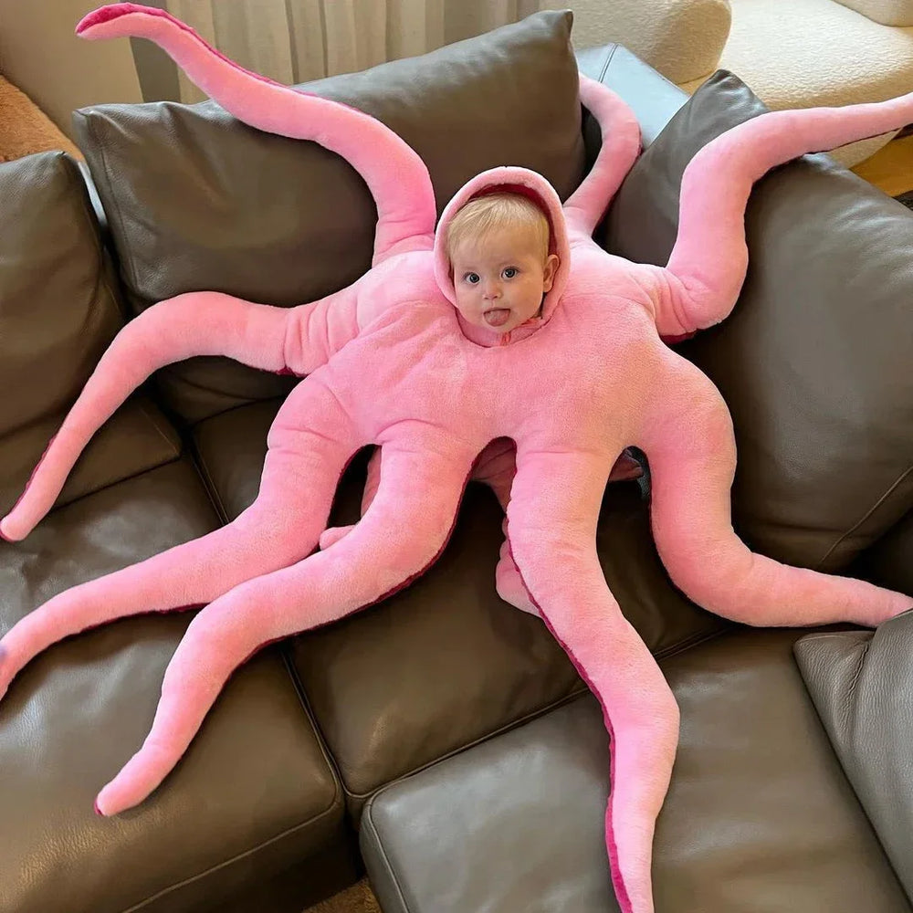 Giant pink octopus costume worn as a funny plush bodysuit