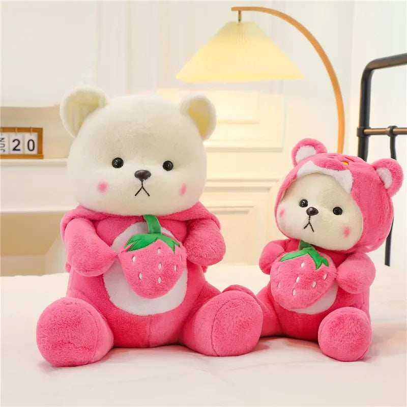 Strawberry bear plush shown as a soft cuddle pillow