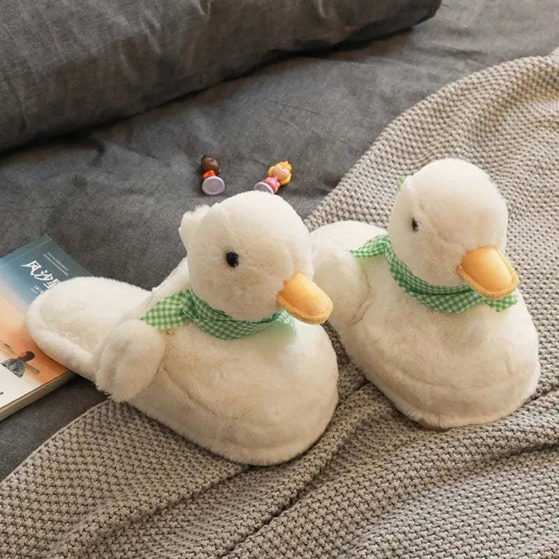 Cute duck fuzzy slippers in beige, plush faux-fur house shoes