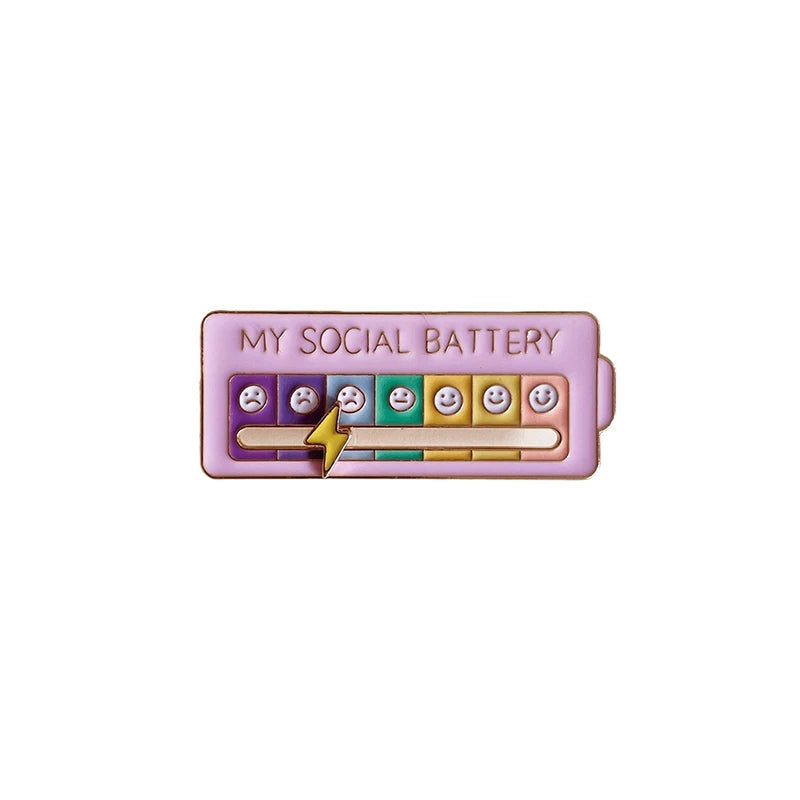 Social Battery Mood Pin – Funny Outfit Badge | Toki Toy Box – In Use | Toki Toy Box