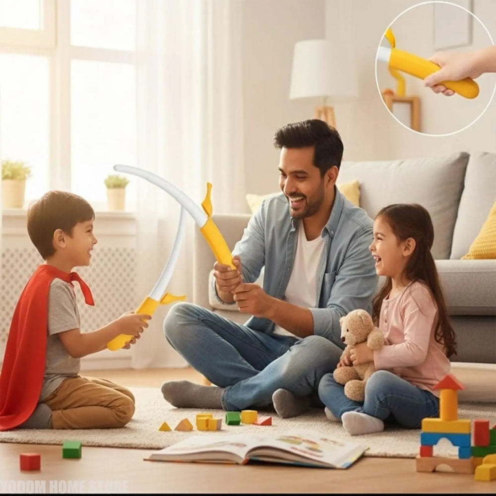 Yellow 3D printed banana sword extending with a wrist flick motion