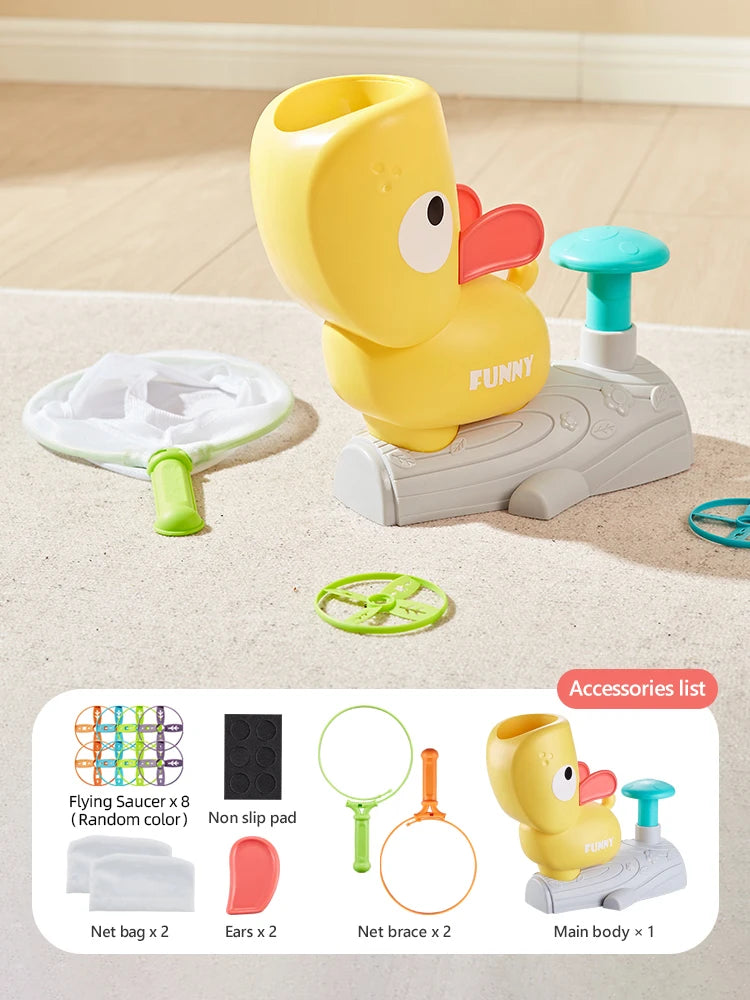 Jump flying disc launcher toy with saucers and catch nets