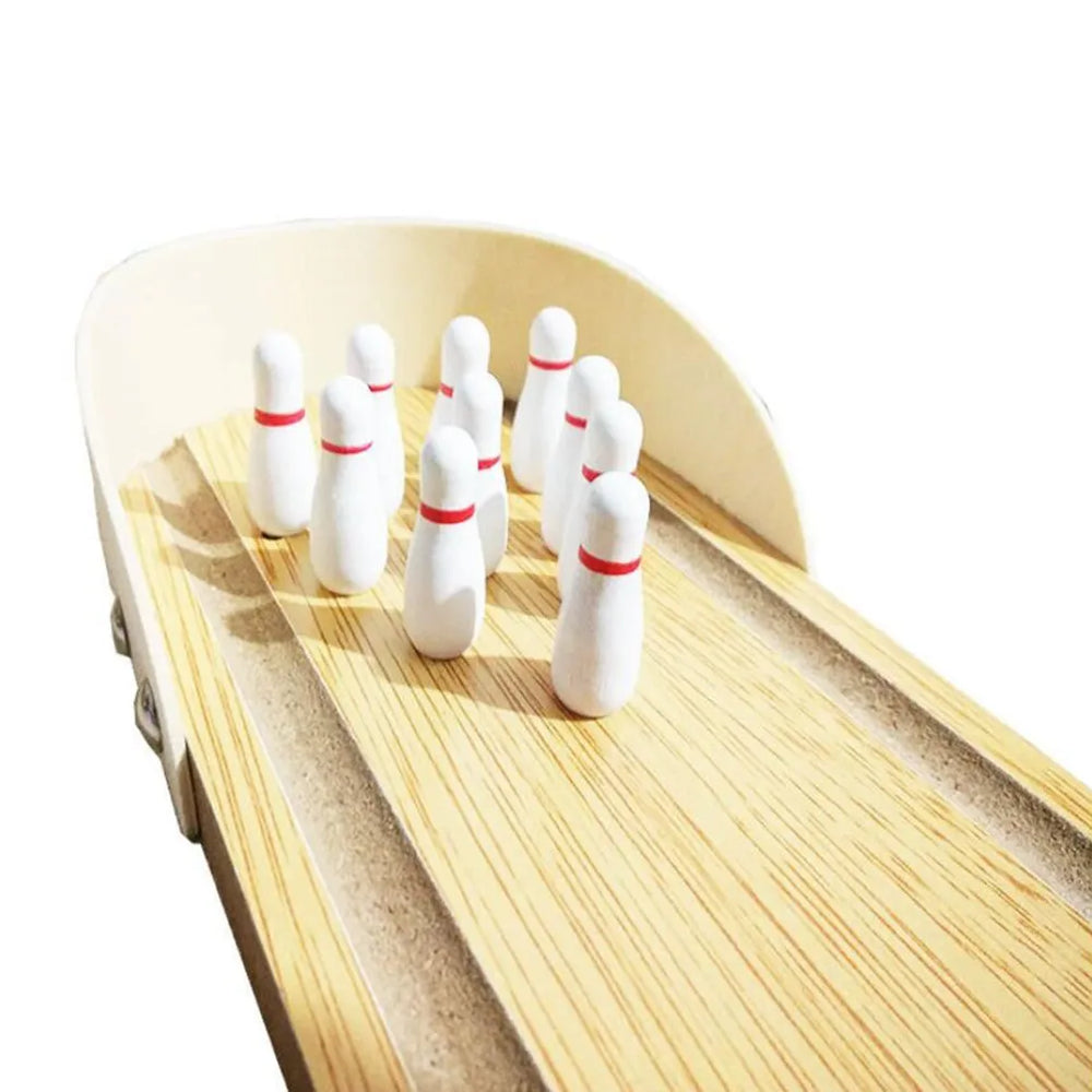 Mini Wooden Bowling Game – Portable Desktop Fun – Side View | Toki Toy Box