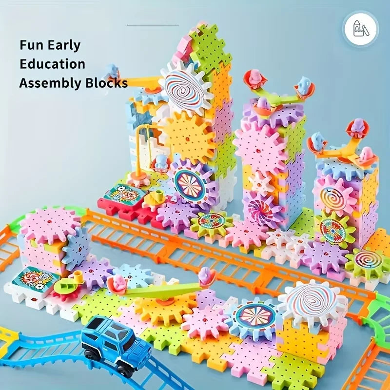 Kids Electric Gear Rail Car Building Set – STEM Motorized Construction Toy with Spinning Gears & Big Blocks