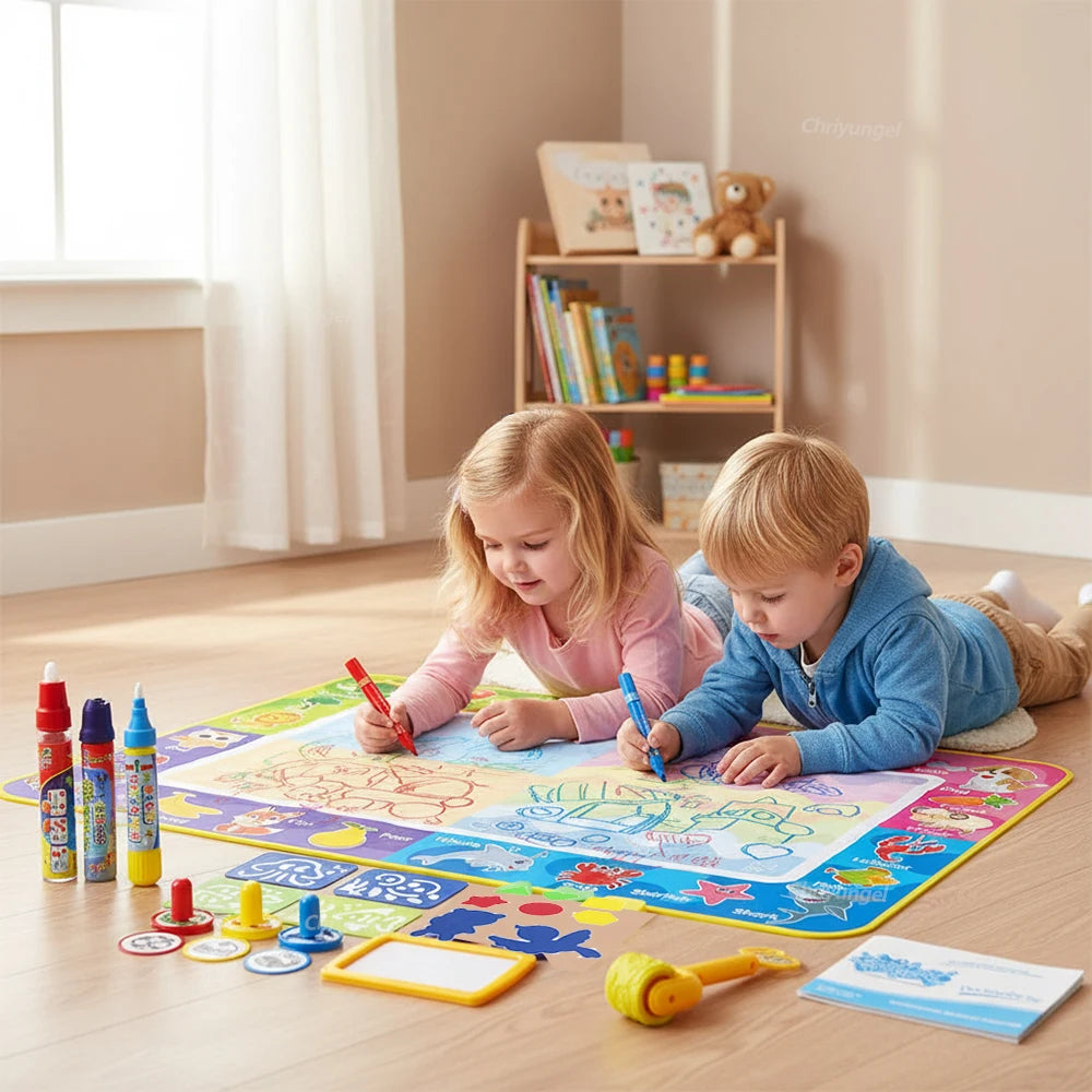 Blue water drawing mat laid flat