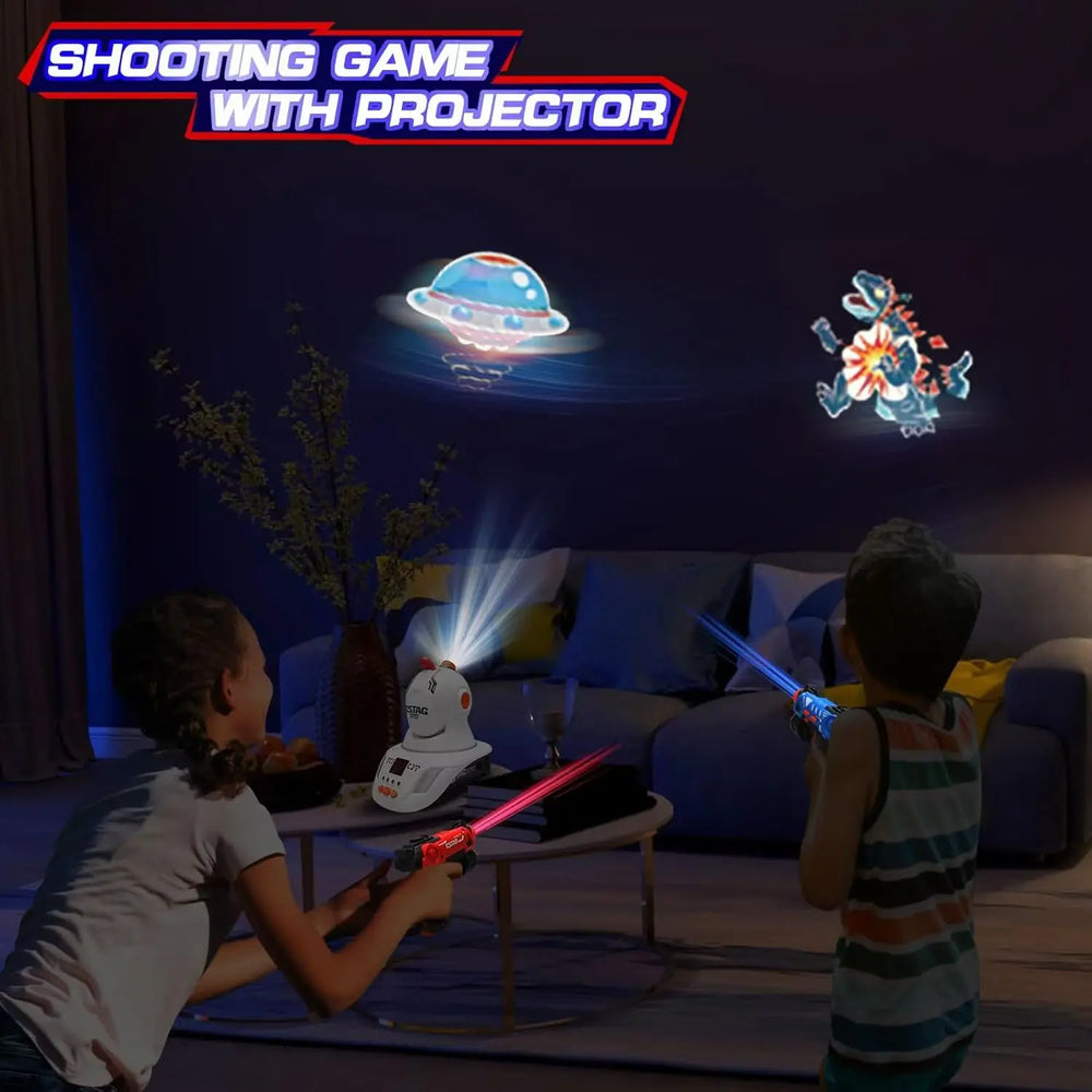 Ducks projected onto a wall being shot with the infrared pistol