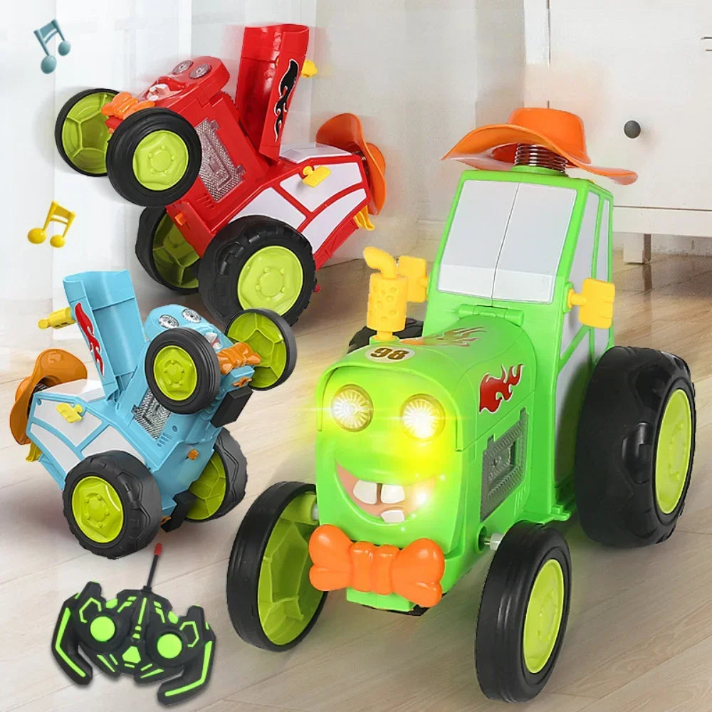 Stunt car mid-jump with its light-up wheels glowing