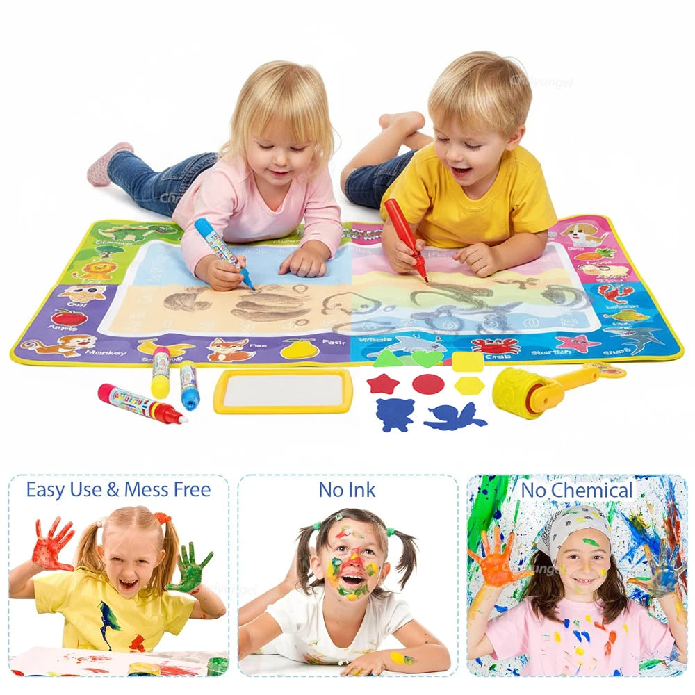 No-mess water drawing mat with its magic water pens