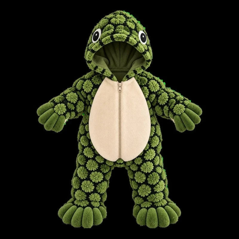 Monster hood detail on the green baby costume romper
