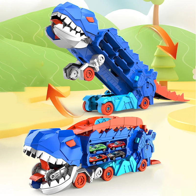 Folding Dino Transporter Track Set – Kids Racing Play – Side View | Toki Toy Box