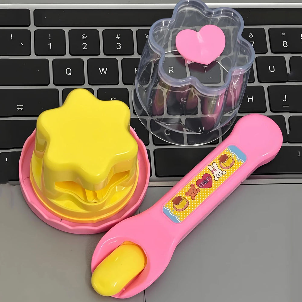 Child feeding the pudding toy with the play spoon