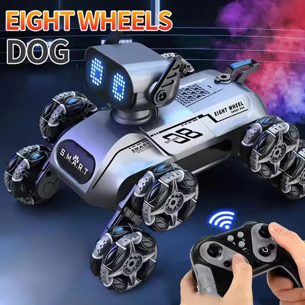 2.4GHz RC 8-Wheel Stunt Robot Dog with Smoke – Ultimate All-Terrain Action Toy – Side View | Toki Toy Box