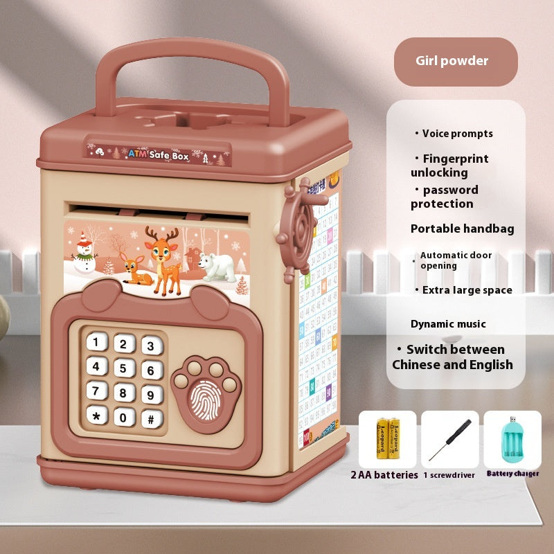 Fingerprint savings bank on a child's bedroom shelf
