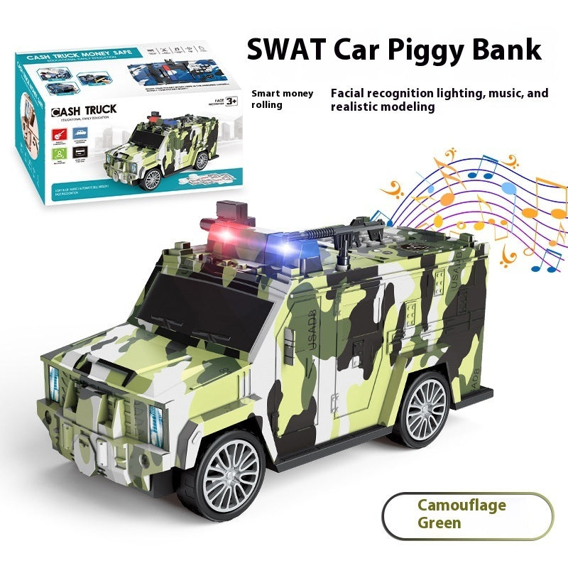 Face Unlock Piggy Bank shown with its packaging and size
