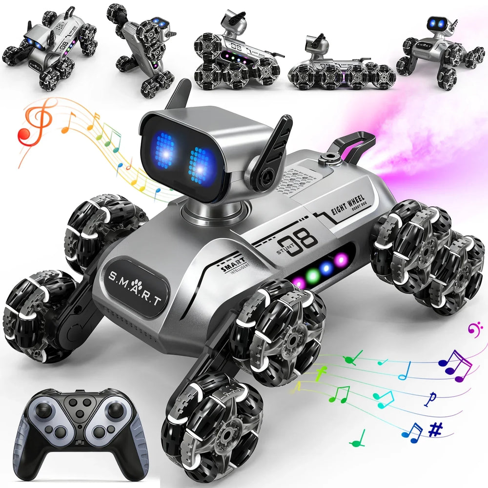 2.4GHz RC 8-Wheel Stunt Robot Dog with Smoke – Ultimate All-Terrain Action Toy – Whats Included | Toki Toy Box