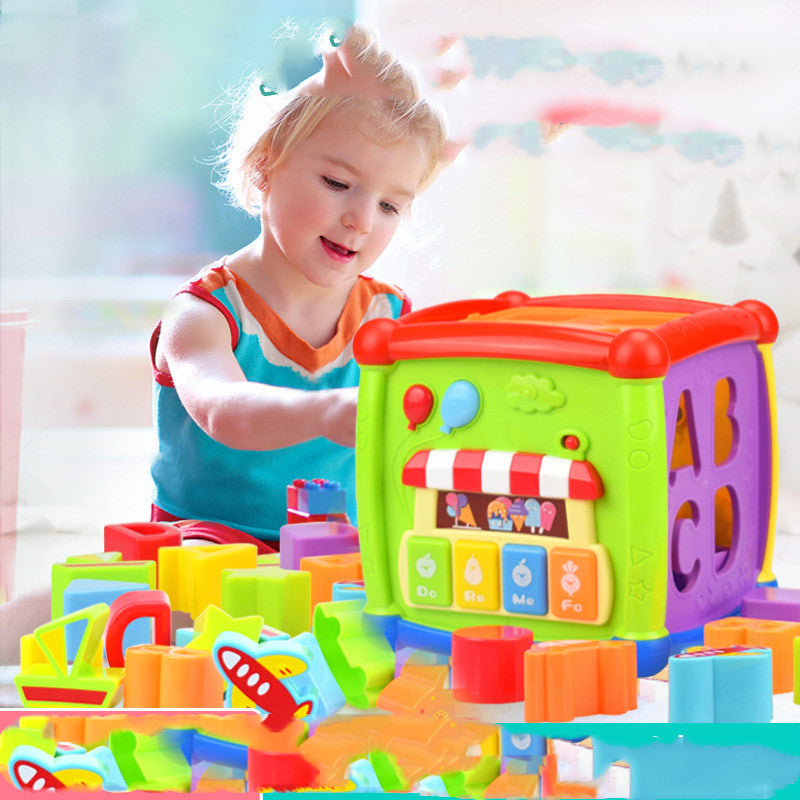 Baby six-sided activity cube with all play panels visible