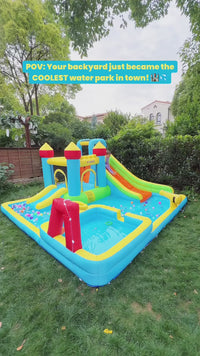 Inflatable Water Slide & Bounce House – Outdoor Fun Park with Football Goal for Kids